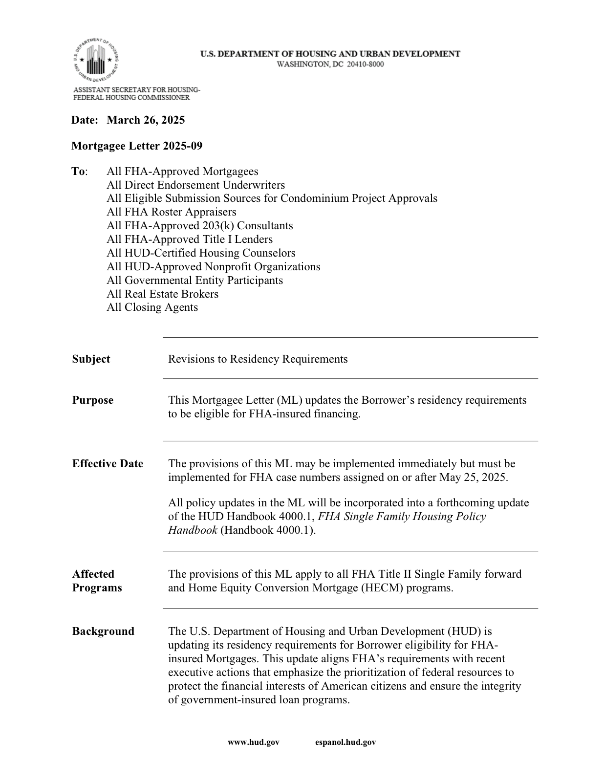 Первая страница документа HUD Mortgagee Letter 2025-09 о требованиях к резидентству